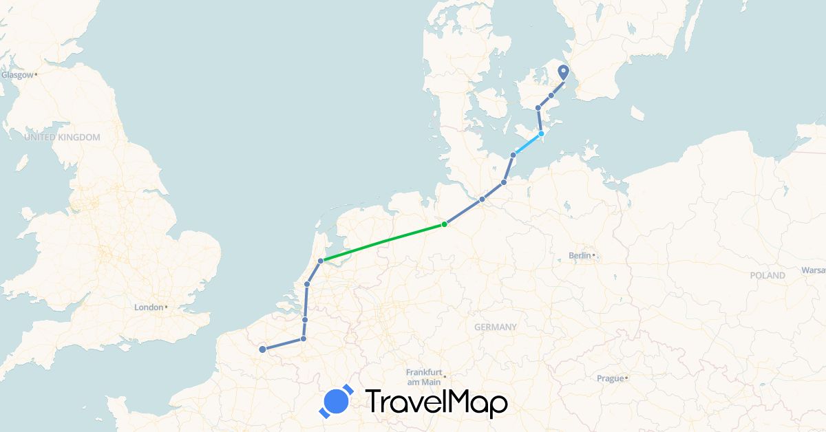TravelMap itinerary: driving, bus, cycling, boat in Belgium, Germany, Denmark, France, Netherlands (Europe)